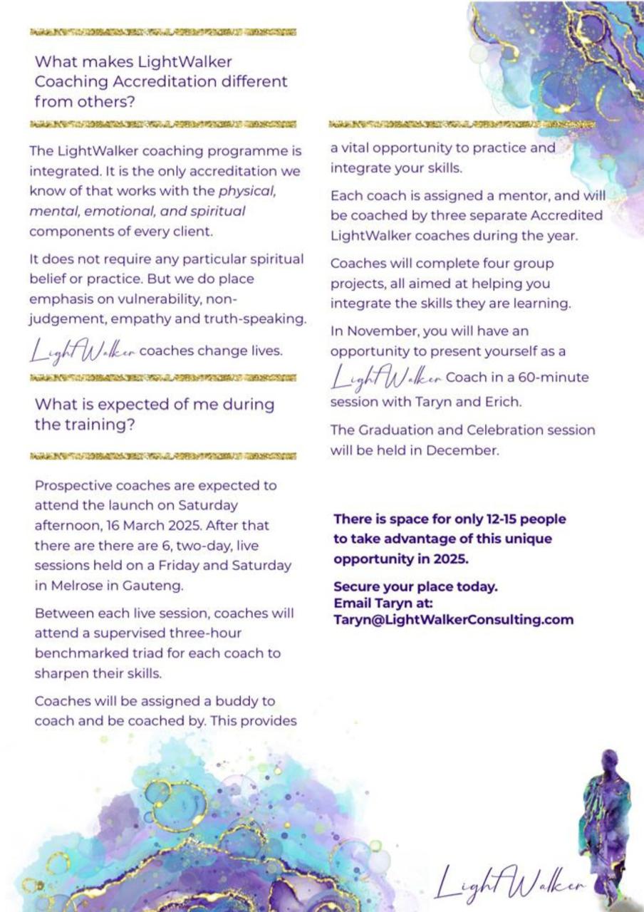 Accredited LightWalker Coaching programme INFORMATION, hosted in Johannesburg. Add to your cart to be contacted after checkout.