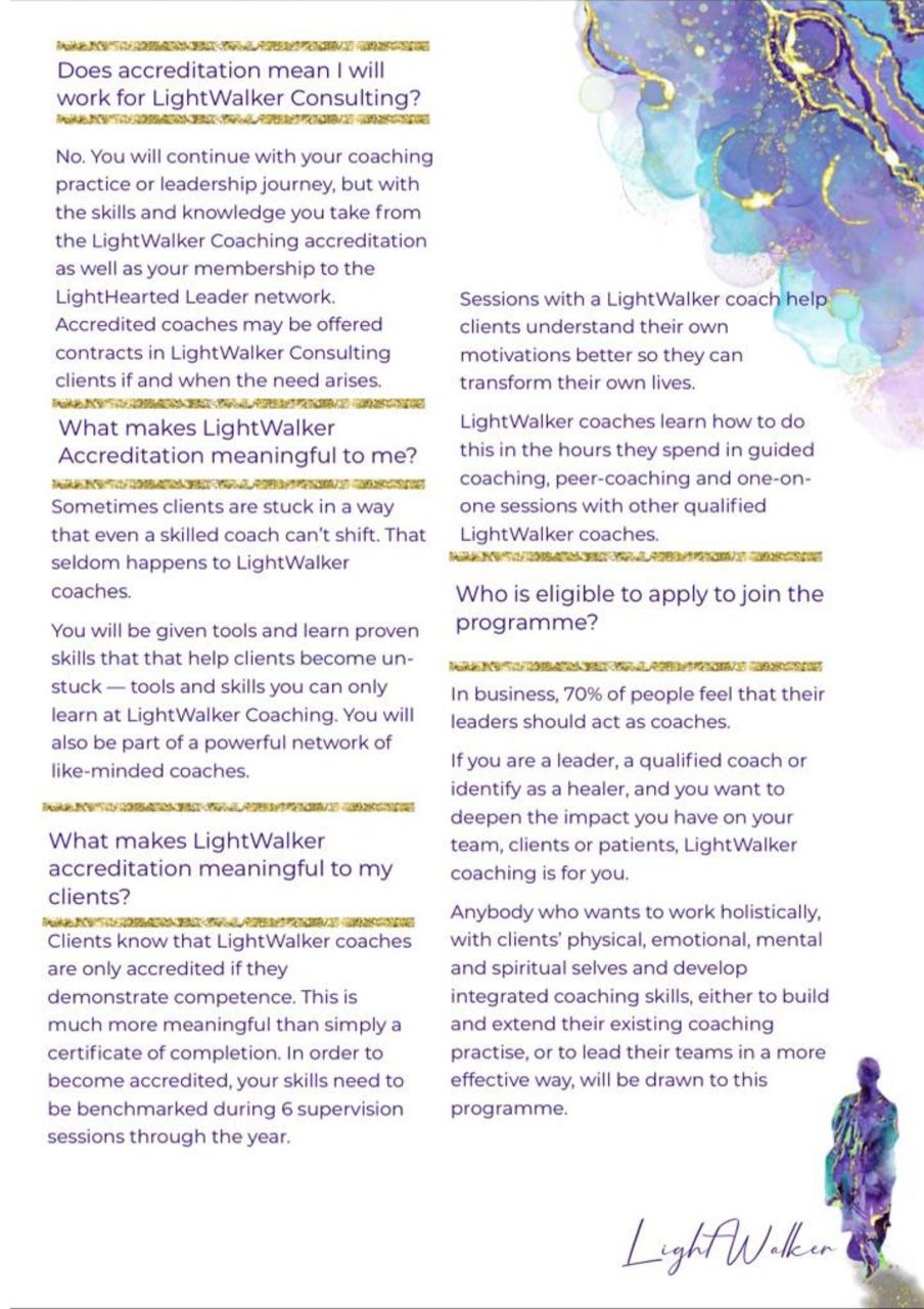 Accredited LightWalker Coaching programme INFORMATION, hosted in Johannesburg. Add to your cart to be contacted after checkout.