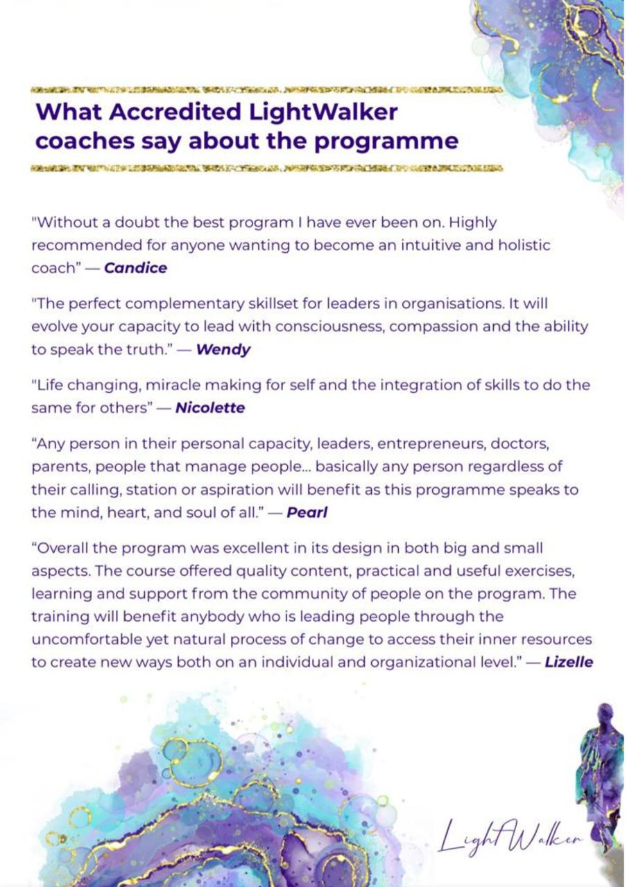 Accredited LightWalker Coaching programme INFORMATION, hosted in Johannesburg. Add to your cart to be contacted after checkout.