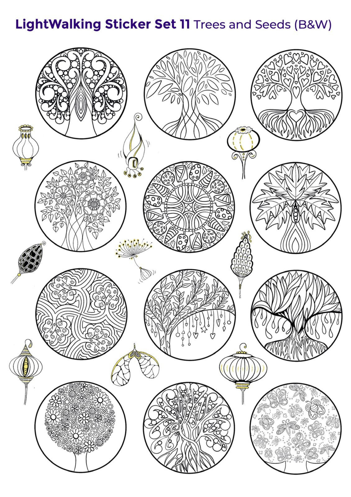 Trees and Seeds (B&W) A4 Sticker Sheet #11