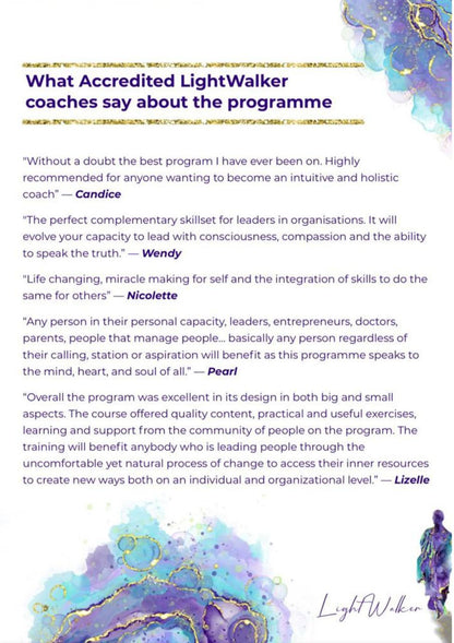 Accredited LightWalker Coaching programme INFORMATION, hosted in Johannesburg. Add to your cart to be contacted after checkout.