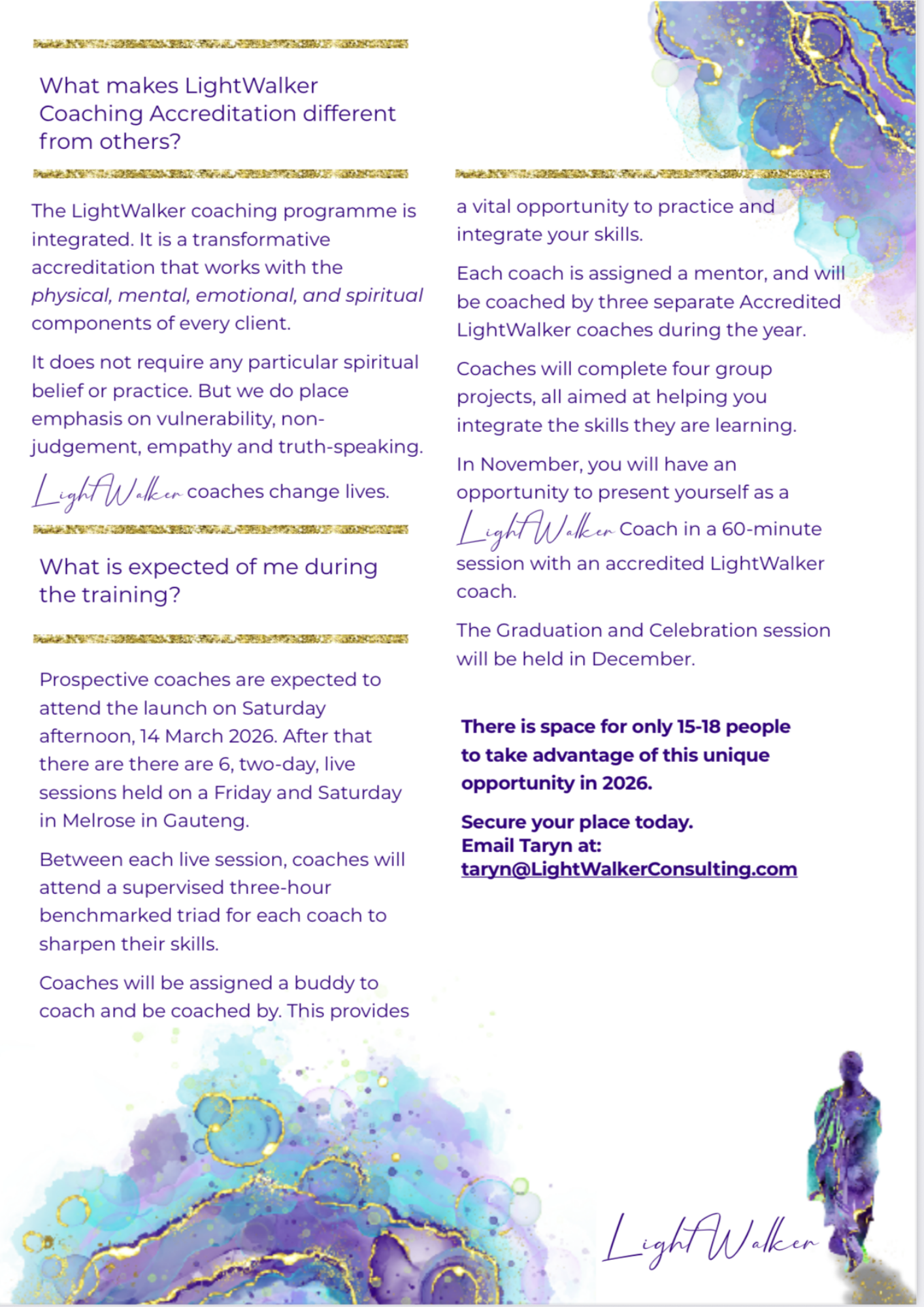 Accredited LightWalker Coaching programme 2026 INFORMATION, hosted in Johannesburg. Add to your cart to be contacted after checkout.