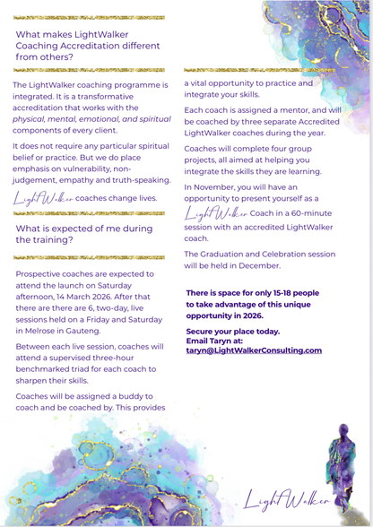Accredited LightWalker Coaching programme 2026 INFORMATION, hosted in Johannesburg. Add to your cart to be contacted after checkout.
