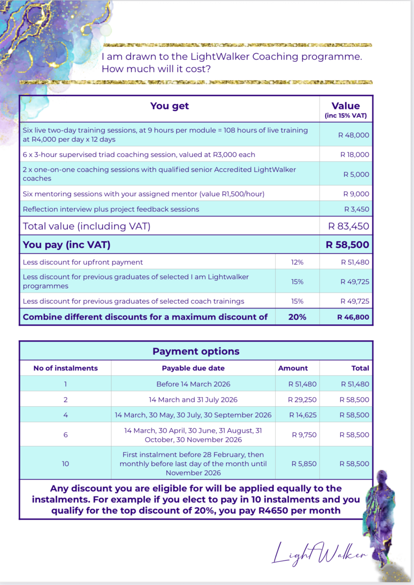 Accredited LightWalker Coaching programme 2026 INFORMATION, hosted in Johannesburg. Add to your cart to be contacted after checkout.