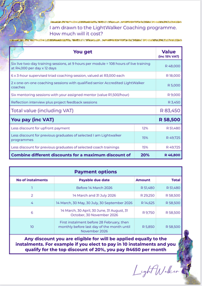 Accredited LightWalker Coaching programme 2026 INFORMATION, hosted in Johannesburg. Add to your cart to be contacted after checkout.