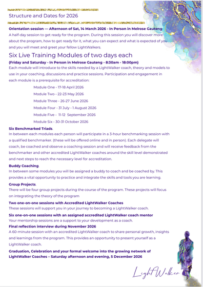 Accredited LightWalker Coaching programme 2026 INFORMATION, hosted in Johannesburg. Add to your cart to be contacted after checkout.